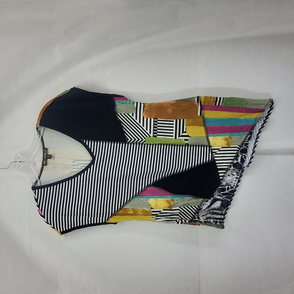 PICADILLY Lagon Look Mixed Media Asymmetrical V-Neck Striped Short Sleeve Shirt